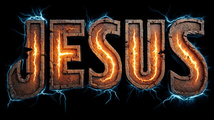 The Christian concept. 3D iron aged text "Jesus" with lightning bolts on a dark background.