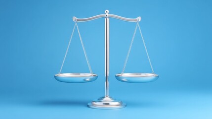 Sleek and Modern Silver Balance Scale on a Bright Blue Background Representing Justice, Fairness, and Law Concepts in a Minimalist Design