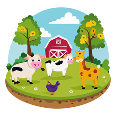 Naklejka premium Farm Animals Gathering In Front Of Red Barn Under Blue Sky