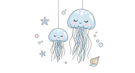 Two cute cartoon jellyfish floating in the ocean with shells stars and bubbles in a soft pastel color palette.