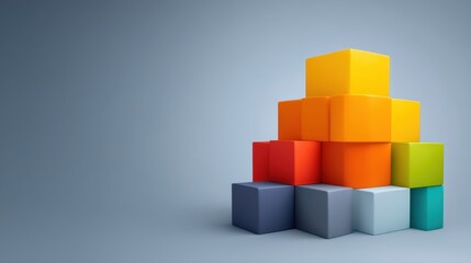 Obraz premium Colorful geometric blocks arranged in a pyramid shape on a smooth surface with a soft gradient background for creative design and advertising purposes