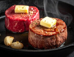 Two cooked steaks in a cast iron pan