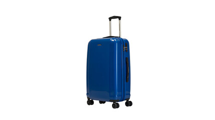 Durable blue hardshell suitcase with four spinner wheels and telescopic handle for easy travel isolated on transparent background