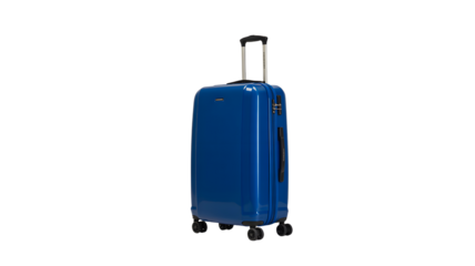 Durable blue hardshell suitcase with four spinner wheels and telescopic handle for easy travel isolated on transparent background