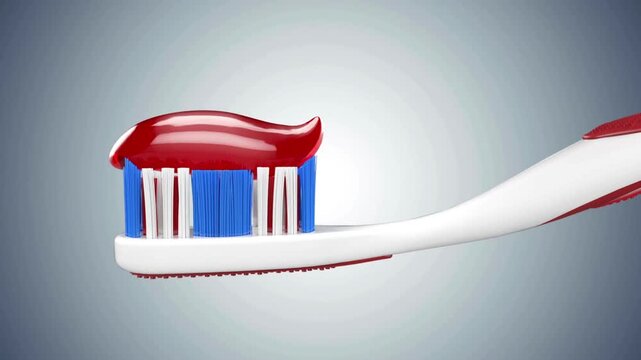 Close-up toothbrush with red toothpaste squeezed from a tube; vivid against a blue soft background