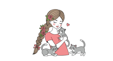 Beautiful woman with a long rose decorated braid hugging a grey kitten with two other kittens playing nearby on a clean white background.