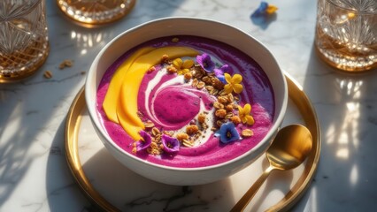 Vibrant smoothie bowl adorned with mango and edible flowers
