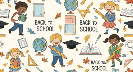 Back to school seamless pattern with diverse children carrying books globes and large pencils with school supplies and autumn leaves art.