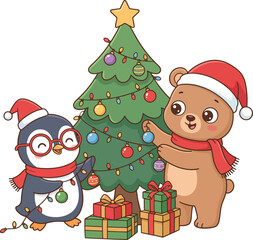 penguin and bear decorating a christmas tree together