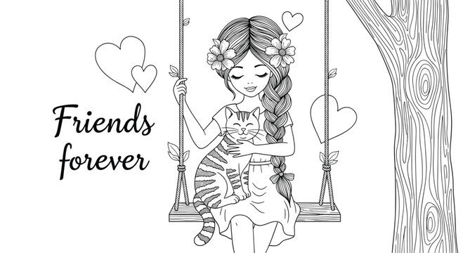Charming line art of a young girl with long braids sitting on a swing under a tree and hugging her pet striped cat with friends forever.