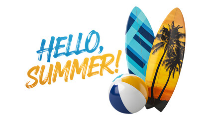 Hello summer! colorful surfboards and a beach ball represent fun and relaxation isolated on transparent background