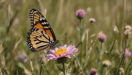 Fototapeta premium Vibrant Monarch Butterfly Perched on a Delicate Pink Wildflower in a Green Field.