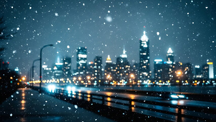 Fototapeta premium Snowfall over a cityscape at night with a road and bridge