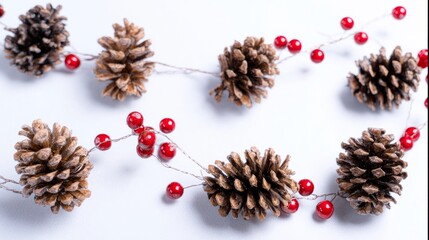 garland. Festive garland adorned with pine cones and berries, evoking holiday cheer and cozy winter vibes. lifestyle magazines.
