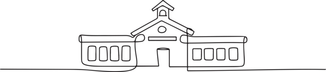 Continuous one line drawing elementary school building at the small city. Back to school hand drawn minimalism concept. Single line draw design. one line Icon drawing