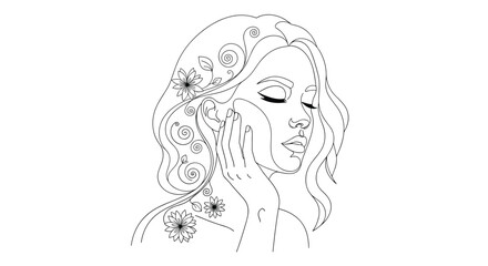 Elegant line art illustration of a beautiful woman with long wavy hair decorated with flowers gently touching her face in a dreamy pose.