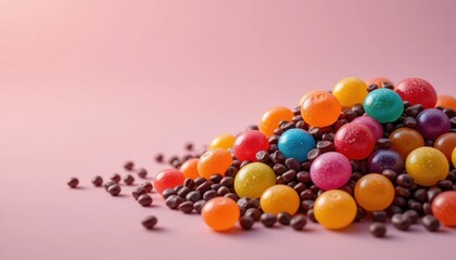 Obraz premium Colorful candies and chocolate mix on a pink background in a creative display Generative AI