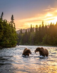 Two brown bears in a river at sunset