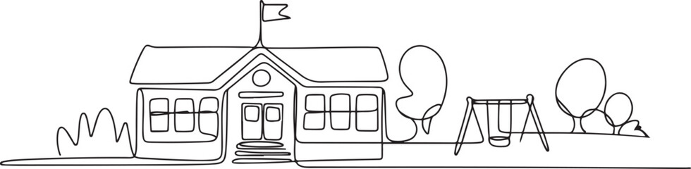 Continuous one line drawing elementary school building at the small city. Back to school hand drawn minimalism concept. Single line draw design. one line Icon drawing