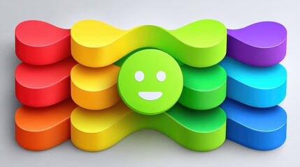 Colorful abstract design featuring a smiling face on layered wavy shapes in vibrant hues