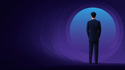 Fototapeta premium Man in Suit Standing with Back to Camera in Dark Purple Background, Symbolizing Opportunity and Potential in Professional Life