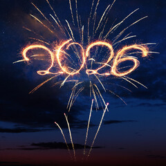 Celebratory night sky featuring golden sparklers forming the year 2026 against vibrant fireworks and a twilight clouds background. Perfect for New Year's Eve and future concept designs
