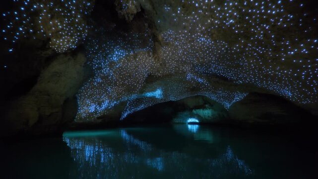 Magical bioluminescent glowworms illuminate a subterranean lake creating a breathtaking natural spectacle