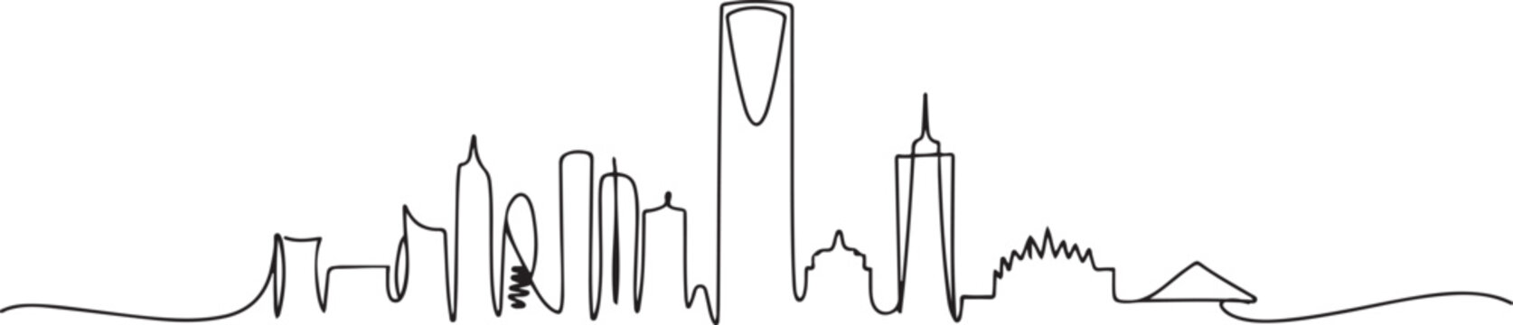 Single continuous line drawing of Riyadh skyline, Saudi Arabia. Famous city scraper landscape. World travel concept wall decor home art poster print. one line Icon drawing