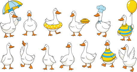 Funny goose characters in different poses with accessories, cute cartoon farm bird vector illustration set © Sumon Creative