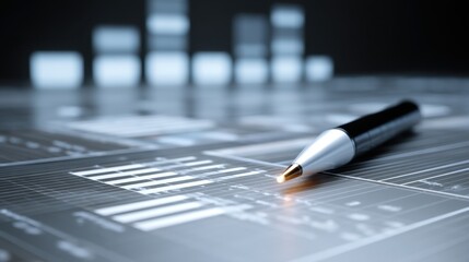 Close-up of a sleek pen on a financial report with graphs and data visualization elements on a dark background, perfect for business analytical themes.