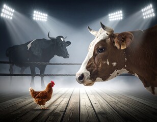 Two cows in a boxing ring with a chicken in the middle.  Dramatic lighting