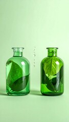 Two glass bottles with green leaves and water droplets