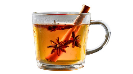 A glass mug of hot spiced tea with heavy condensation isolated on white background, winter drink with cinnamon stick and star anise, warming beverage close-up.