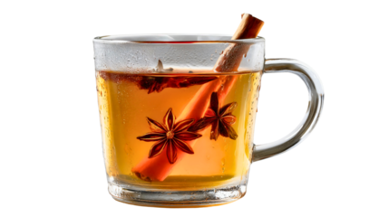 A glass mug of hot spiced tea with heavy condensation isolated on white background, winter drink with cinnamon stick and star anise, warming beverage close-up.