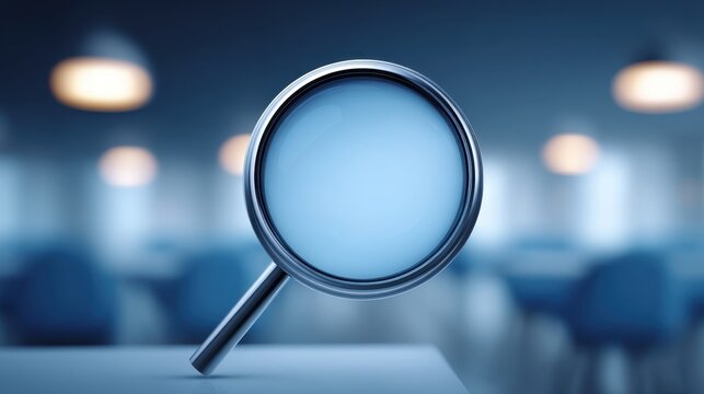 Modern magnifying glass resting on a surface in a softly lit room, emphasizing clarity, focus, and exploration in a contemporary setting