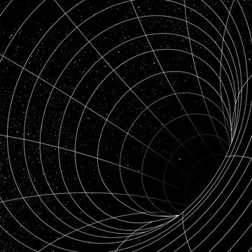 3D grid wormhole illusion design element, Abstract Black Hole Singularity with White Wireframe Grid and Distant Stars.