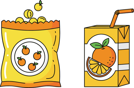 Orange flavored snack chips bag and juice box packaging illustration isolated on white background flat vector design