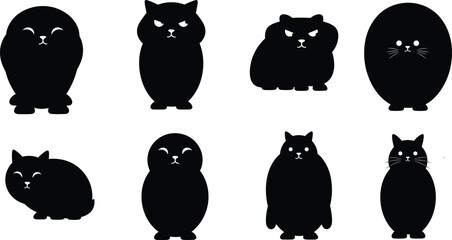 Black cat silhouette vector set, expressive feline icons, cute animal poses, whisker face design, cad drawing flat vector illustration © Ismail