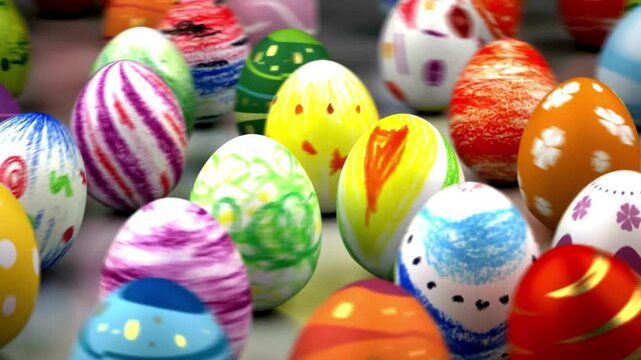 Vibrant Easter eggs with varied patterns sit together on a light surface, bright and festive. color!