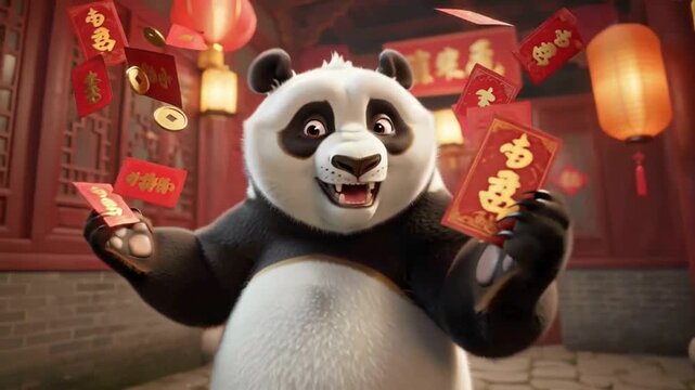 A cheerful cartoon panda holds red envelopes with gold designs in a vibrant setting adorned with lanterns and chinese new year decorations.