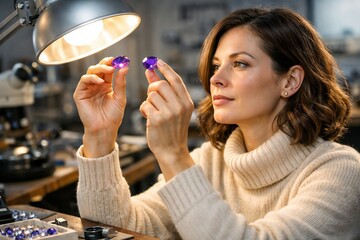 Woman examining purple gemstones in her jewelry workshop with focused analysis and professional tools