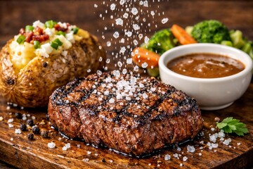 Juicy grilled steak with baked potato topped with sour cream and green onions, served with mixed vegetables and dipping sauce on a wooden