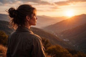 Woman Watching Sunset Over Mountain Valley During Golden Hour