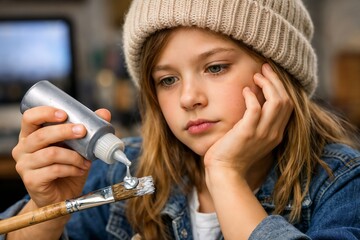 Young girl wearing a beige knit hat with a pensive expression, holding a glue gun and working on a craft project in a workshop or classroom