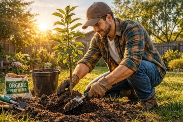 Man Planting Young Tree in Garden During Sunset with Gardening Tools and Organic Fertilizer