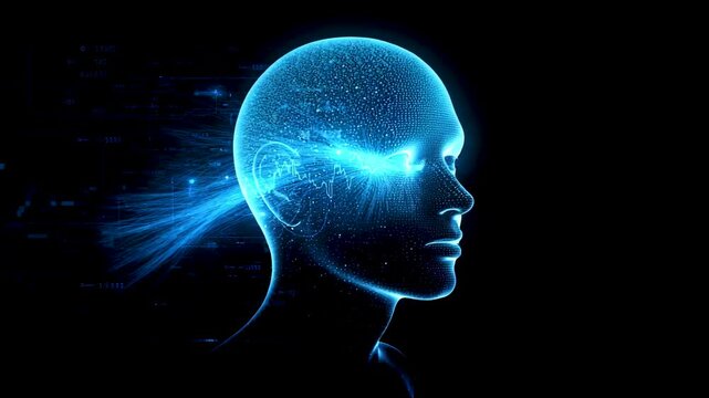 Transparent blue human head in side profile with a bright horizontal light beam passing through the eye