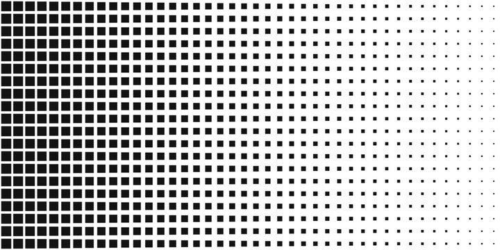 Squared halftone background. Check dot faded gradation texture. Black and white square pixels bg. Abstract digital modern graphic design pattern. Vector illustration isolated on white background.