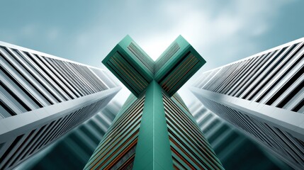 Modern Architectural Design with Unique Structure Surrounded by Tall Skyscrapers Against a Dramatic Sky Perspective from Ground Level