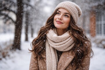 Young woman in winter clothing enjoying snowfall outdoors in a snow-covered park or city street