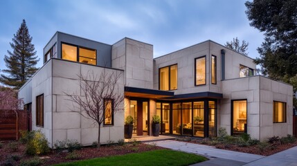 realestate. Modern residential architecture illuminated by warm interior lights at dusk. real-estate listings.

